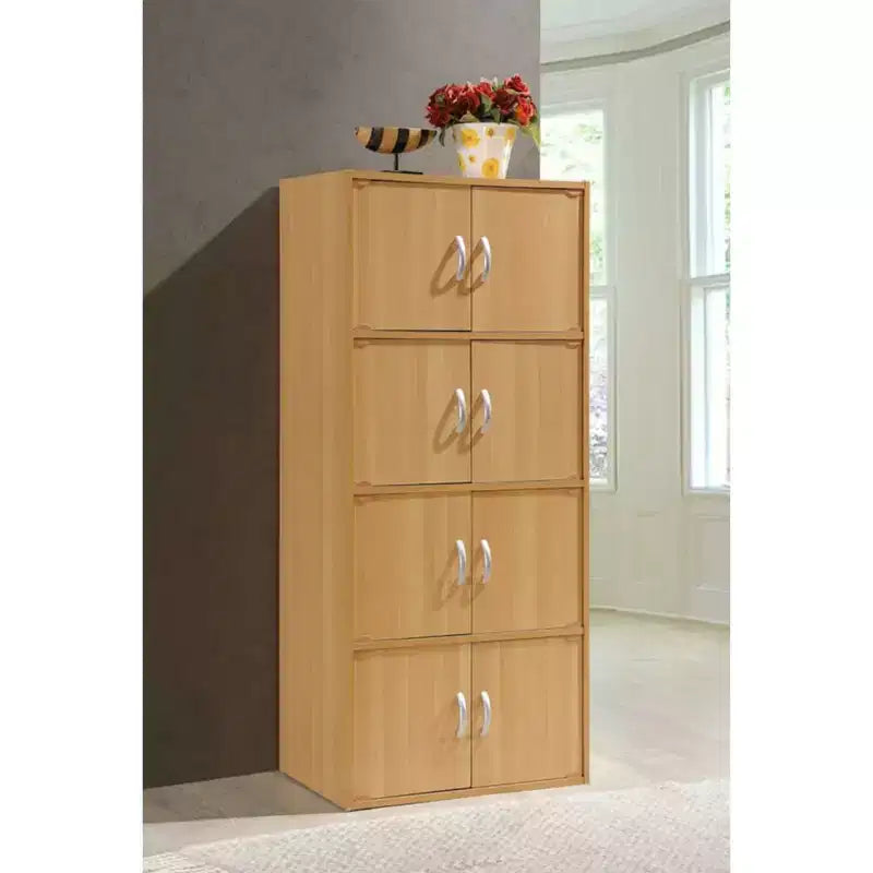Bibliothèque-meuble de rangement fermé Hodedah HID44, robuste, avec 8 portes, à poser au sol, multifonction pour la maison et le bureau, finition bois de hêtre