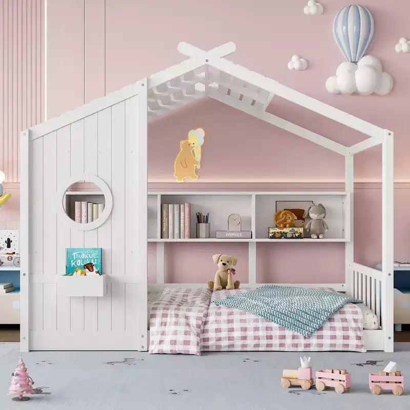 Bodenbett in Hausform für Kinder, Montessori-Spielhausbett mit Ablagefach und Dachdesign