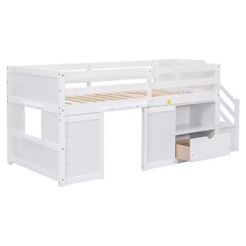 Lit mezzanine bas en bois massif, format simple, 94.6L x 42.3W, avec escalier, tiroir et étagère, design moderne et épuré