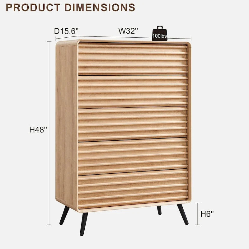 Commode moderne de style mi-siècle à 5 tiroirs, meuble en bois à tiroirs cannelés