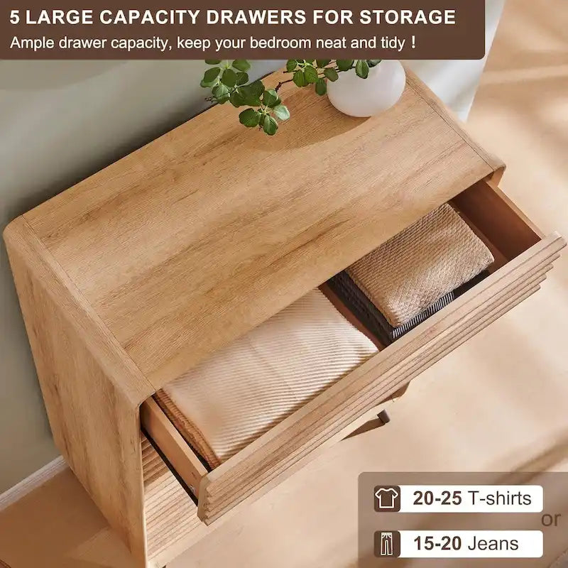 Commode moderne de style mi-siècle à 5 tiroirs, meuble en bois à tiroirs cannelés