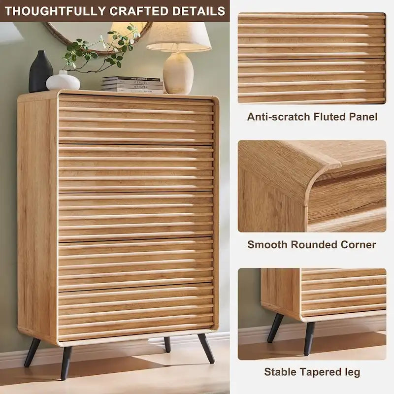 Commode moderne de style mi-siècle à 5 tiroirs, meuble en bois à tiroirs cannelés