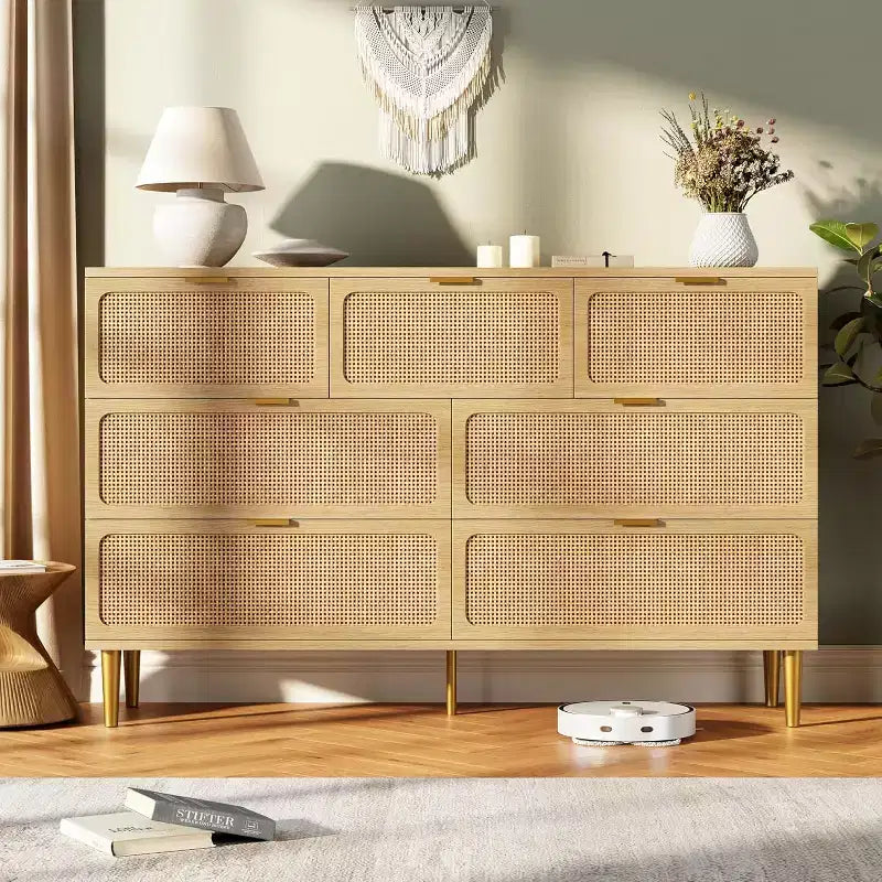 Commode en rotin à 7 tiroirs pour chambre, commode haute à tiroirs profonds, grand chiffonnier pour placard avec large plateau, commode en bois pour salon