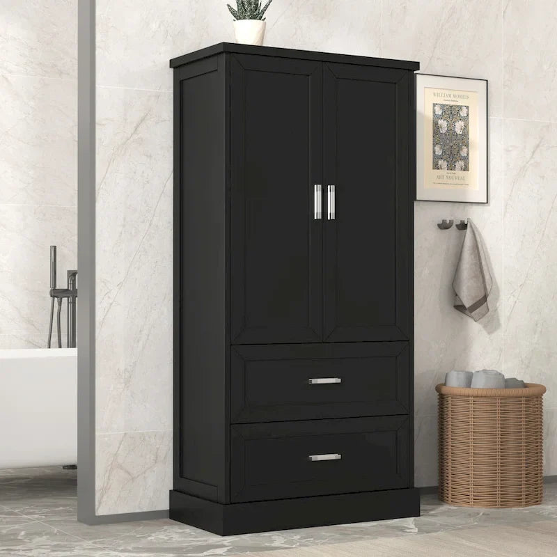 Mobiletto alto da bagno, con due ante e cassetti, ripiano regolabile, pannello MDF