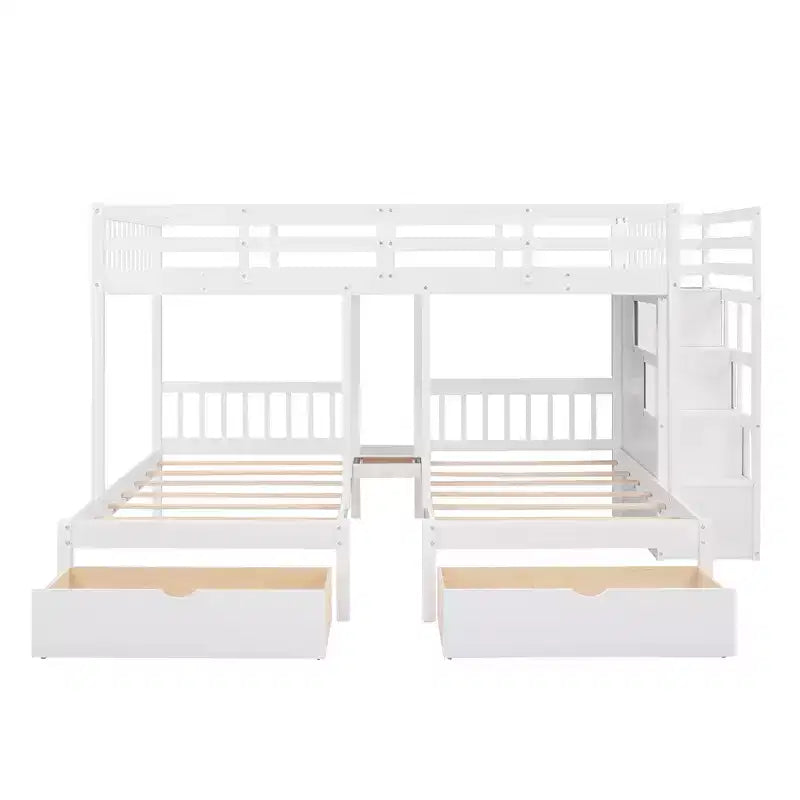 Lit superposé Whisen avec lit double au-dessus de deux lits simples, en bois, avec tiroirs et barrières de sécurité