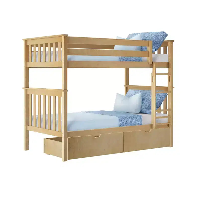 Letto a castello in legno massello per bambini, con due letti singoli sovrapposti e cassetti contenitori sotto il letto