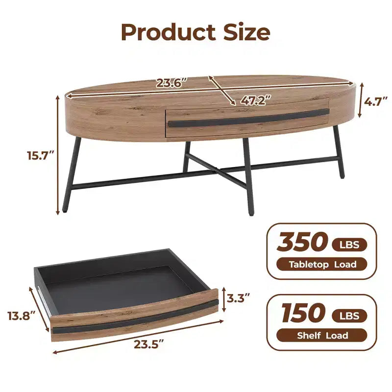 Ovaler Couchtisch mit Schublade, Mid-Century-Modern-Beistelltisch, 47.2, Couchtisch aus Holz mit Stauraum und gekreuzten Metallbeinen, geschwungenes Design