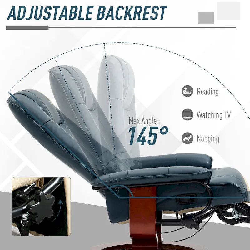 HomCom verstelbare handmatige relaxfauteuil van imitatieleer met draaivoet en comfortabele, ontspannende voetensteun