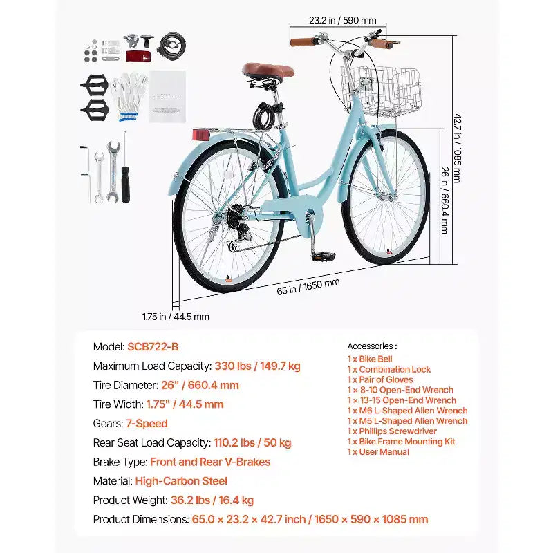 VEVOR Cruiser-Fahrrad, 7 Gänge, 26 Zoll, hellblaues Beach-Cruiser-Fahrrad mit großem Korb und Gepäckträger, sicheres und stabiles Cruiser-Fahrrad, hellblau