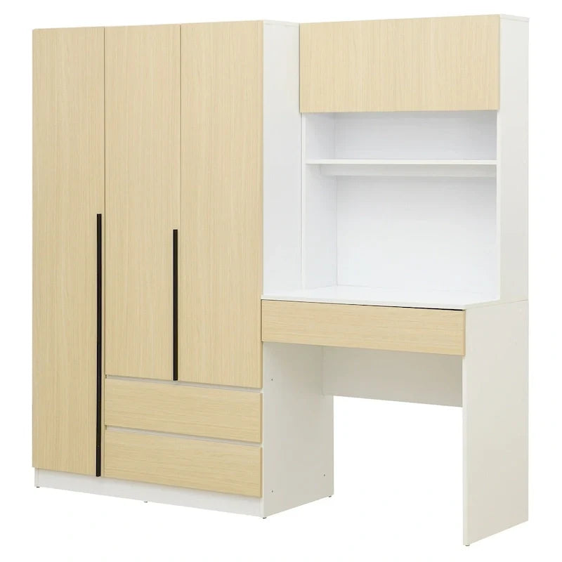 Armoire 3-en-1 avec coiffeuse et bureau, armoire de chambre avec 2 tiroirs et 3 portes de rangement