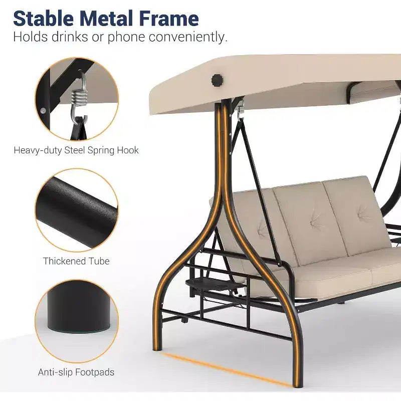 Sedia a dondolo da esterno trasformabile 2 in 1 a 3 posti con tettuccio regolabile, letto a dondolo da patio con struttura, cuscini spessi e portabicchieri, per cortile, giardino e veranda