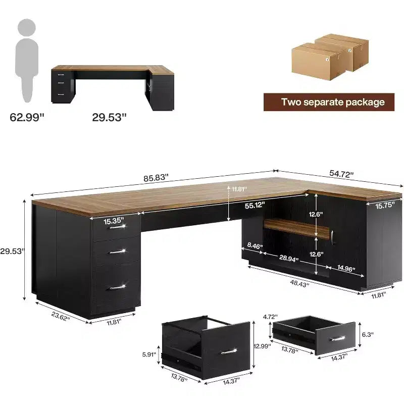 Lantine 85.8 L-vormig directiebureau, extra groot computerbureau voor kantoor met archieflades voor thuiskantoor