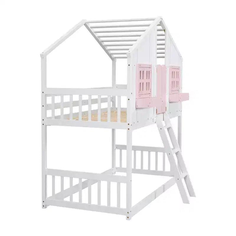 Letto a soppalco a forma di casetta per letto singolo, in legno, con scala e sponde di protezione per bambini
