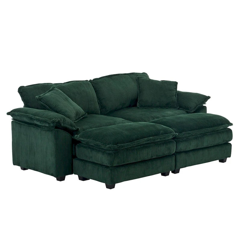 Modernes 2-Sitzer-Cordsofa mit 4 Stützkissen und 2 Hockern