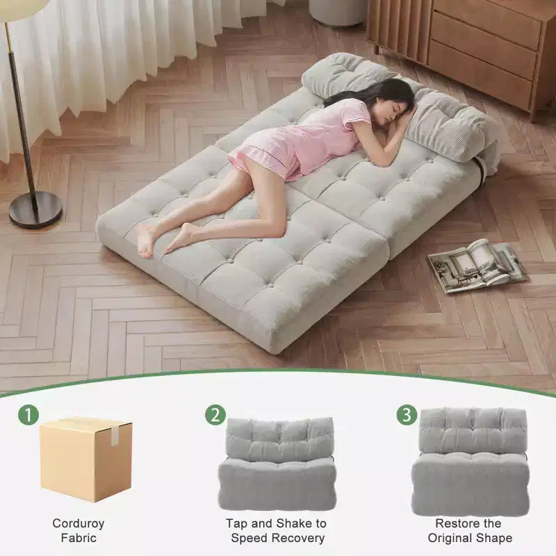 Futon pliant convertible en lit, format deux places, en velours côtelé, fauteuil-lit de sol avec coussin et soutien dorsal