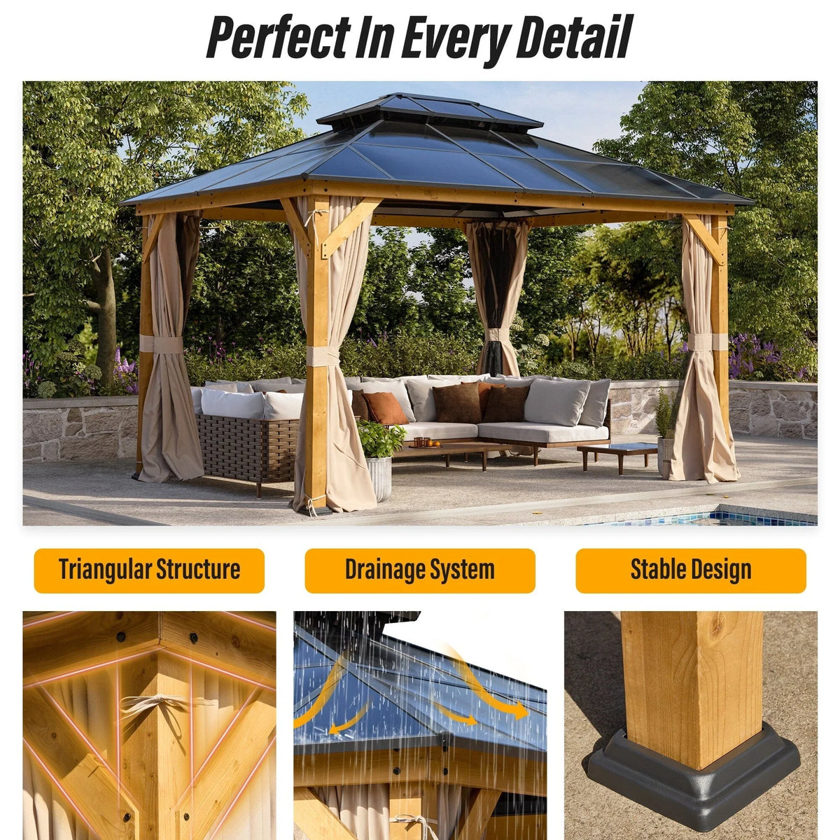 Gazebo EROMMY con tetto rigido, pergola da esterno con doppio tetto, rete e tende, copertura robusta per patio, giardino e feste in piscina