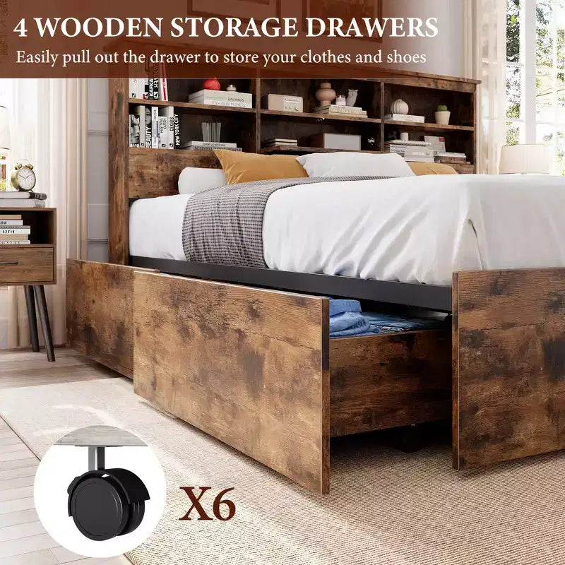 Struttura letto matrimoniale con testiera contenitore, in legno, con 4 cassetti, libreria contenitore e letto matrimoniale king size con robusto supporto in metallo