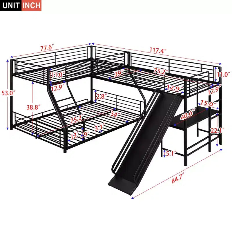 Metall-Etagenbett mit Einzelbett oben und Doppelbett unten, L-förmiges Etagenbett für 3 Kinder, robustes dreistöckiges Etagenbett mit Schreibtisch und Rutsche, Schwarz