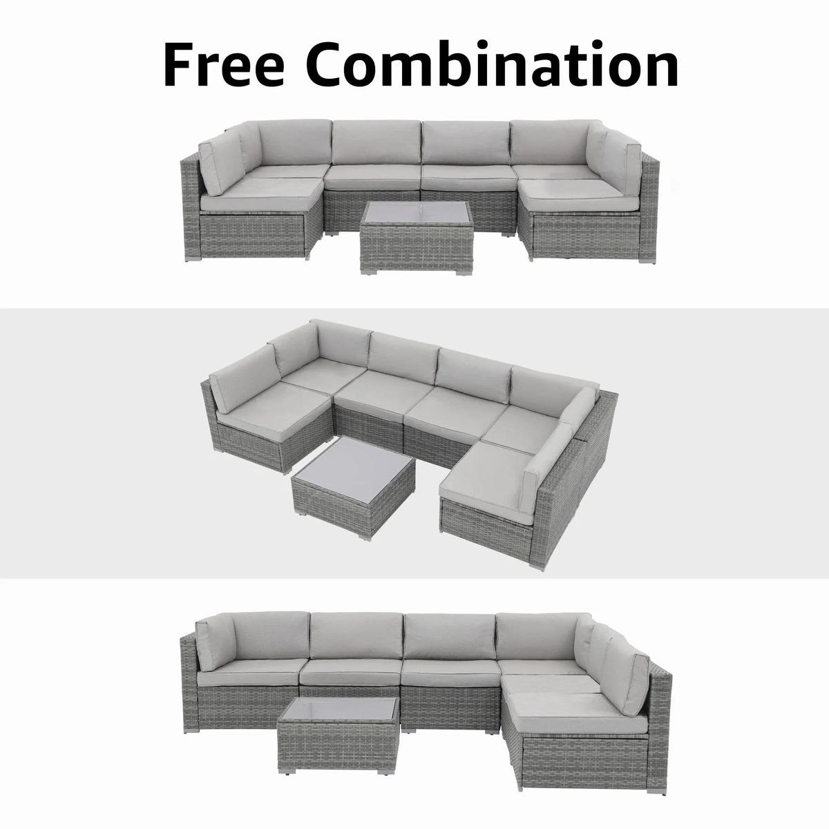 7-teiliges Outdoor-Ecksofaset aus Rattan und Stahl mit Kissen