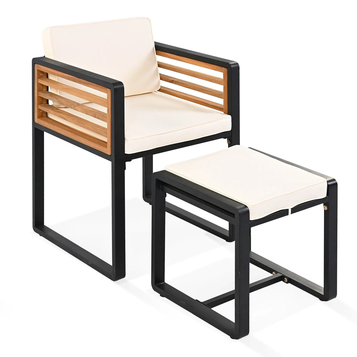 Eetset voor op het terras van acaciahout, 18-delig, met 8 stoelen met kussens, 8 ottomanen en 2 vierkante tafels