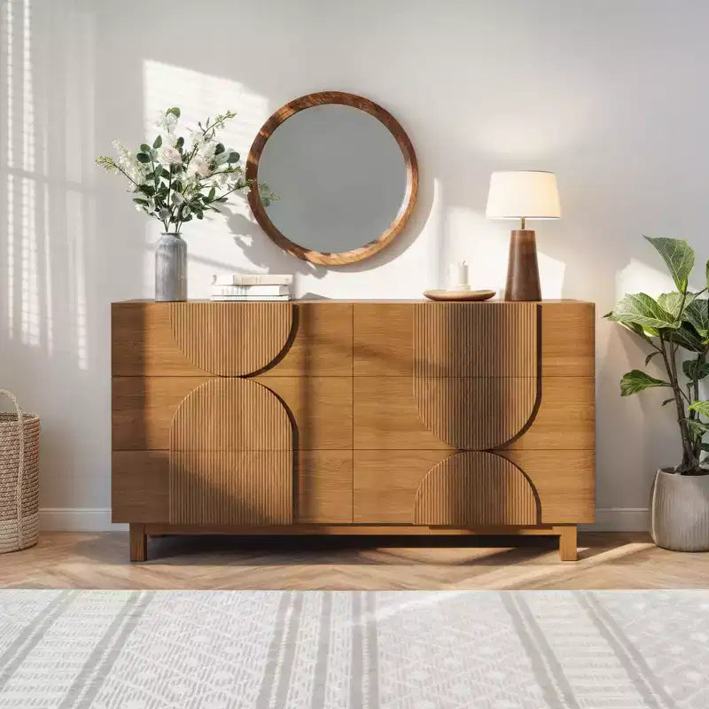 Cassettiera moderna geometrica a 6 cassetti, ampia cassettiera con dettagli semicircolari per camera da letto e soggiorno