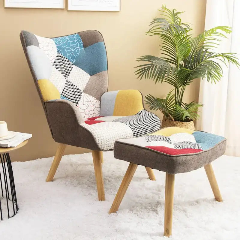 Akzentstuhl mit Hocker, Wohnzimmer-Stuhl- und Hocker-Set, bequemer Beistellsessel für das Schlafzimmer, kreativ zusammengesetzter Stoffbezug