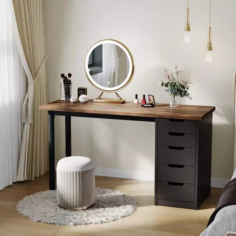 Bureau d’ordinateur de 47 pouces avec 5 tiroirs de rangement, table d’étude et d’écriture réversible au style rustique moderne, poste de travail pour bureau à domicile et petits espaces