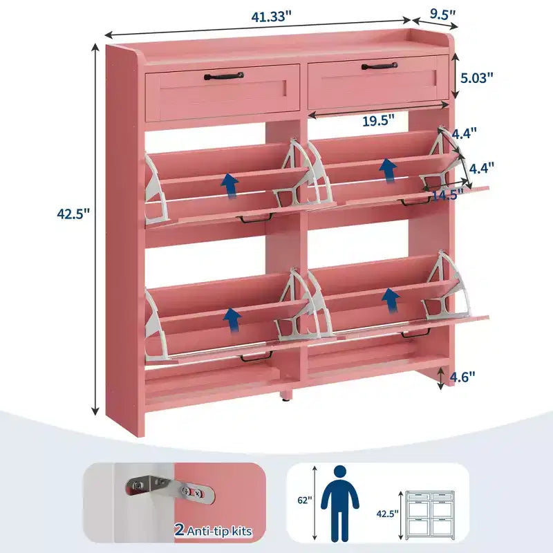 Schoenenkast met 4 klepdeuren en 2 bovenladen, houten schoenenkast met verstelbare plank, vrijstaand schoenenopbergmeubel