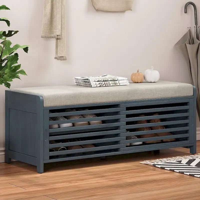 Banc de rangement en bois massif de 43.30 pouces avec persiennes vieillies contemporaines