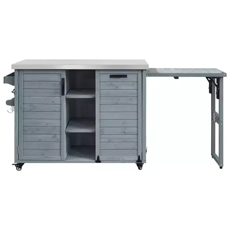 Îlot de cuisine d’extérieur FAMYYT de 78.3 pouces avec plan de travail en acier inoxydable, station de barbecue pliable et placards de rangement, bleu-gris