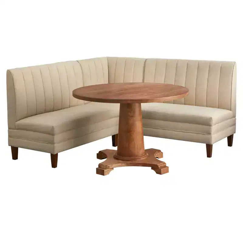 Set da pranzo con panca Lifestorey Kerrington a schienale scanalato, 4 pezzi, color noce e crema: tessuto effetto lino, tavolo con base a colonna