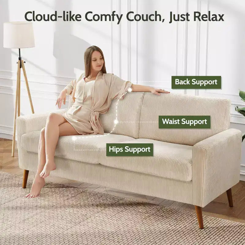 68 Mid-Century Modern Corduroy Loveseat Sofa with Spring Pad