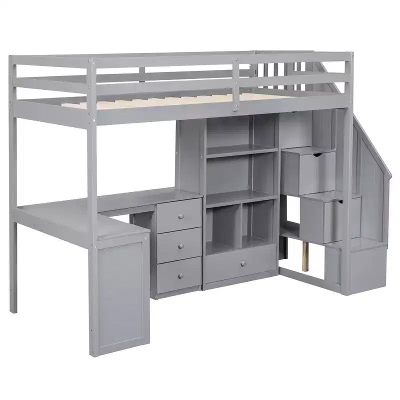 Hoogslaper voor een eenpersoonsmatras met L-vormig bureau, 3 laden, kast, opbergruimte in de trap, gemaakt van massief grenenhout/MDF