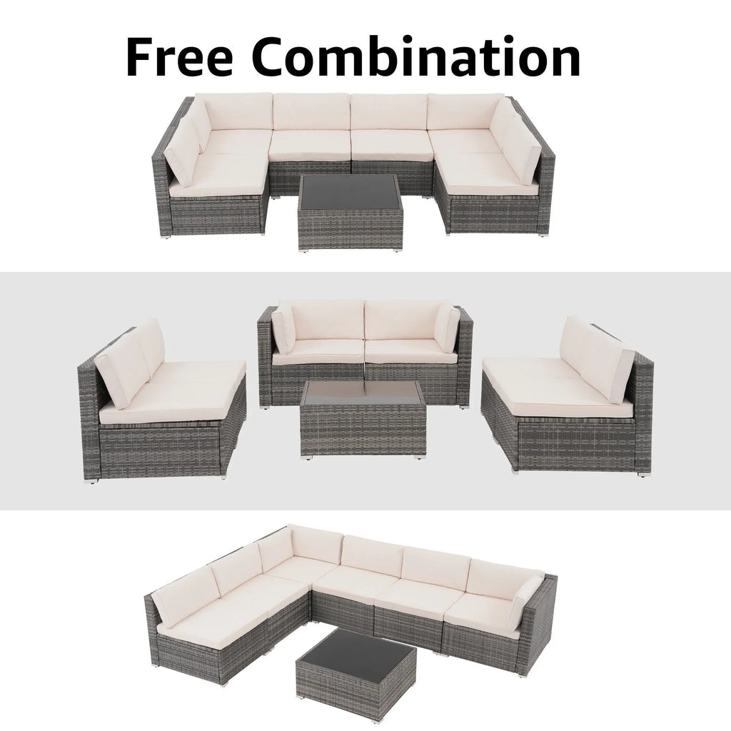7-teiliges Outdoor-Ecksofaset aus Rattan und Stahl mit Kissen