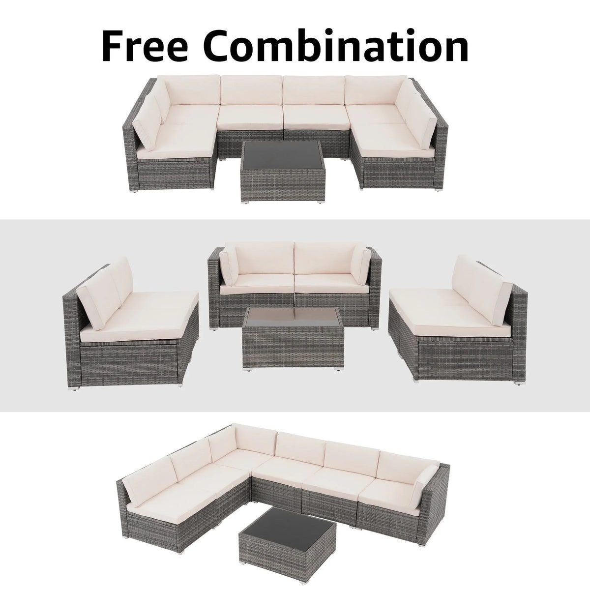 7-teiliges Outdoor-Ecksofaset aus Rattan und Stahl mit Kissen