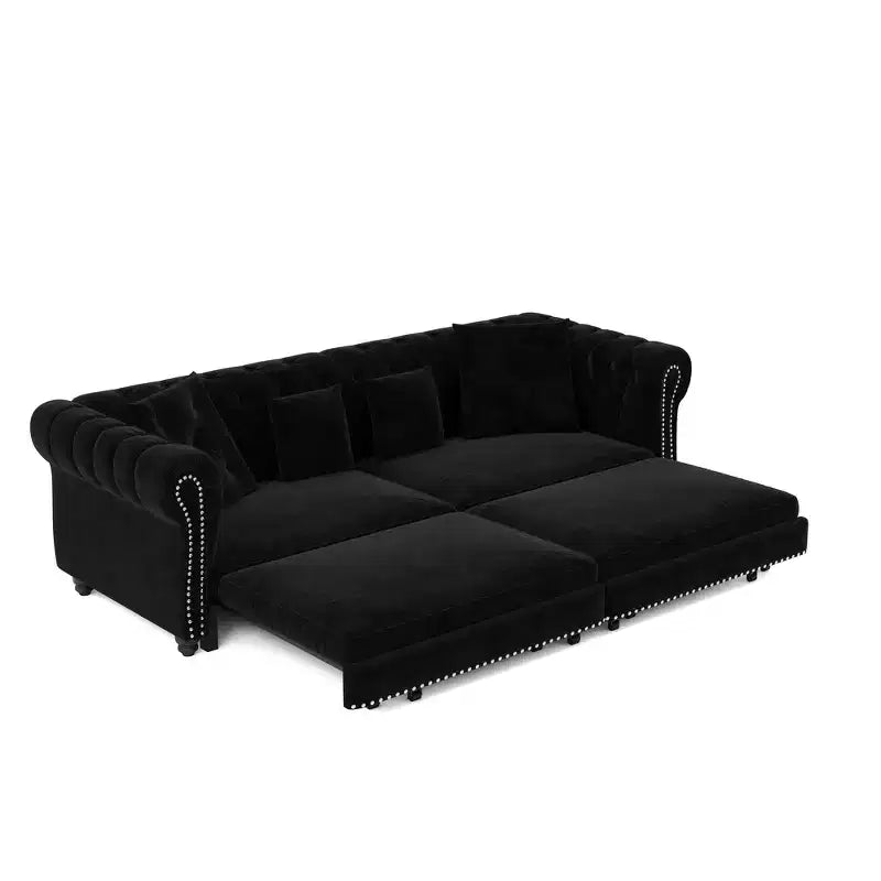 Canapé-lit convertible 3-en-1 Whisen en velours, format king size, avec pouf mobile, design capitonné