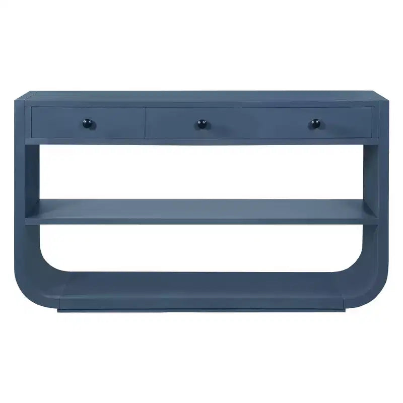 Tavolo consolle curvo ModernLuxe, tavolo d'ingresso, tavolino laterale per divano, espositore, tavolino d'accento con 3 cassetti a chiusura ammortizzata e 2 ripiani aperti
