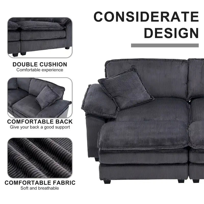 Modernes 2-Sitzer-Cordsofa mit 4 Stützkissen und 2 Hockern