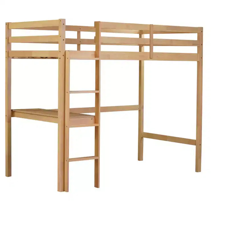 Okak minimalistisch hoogslaper met ladder, hoogslaper van rubberhout voor één persoon met veiligheidsreling en ingebouwd bureau, bedframes voor kinderen en tieners