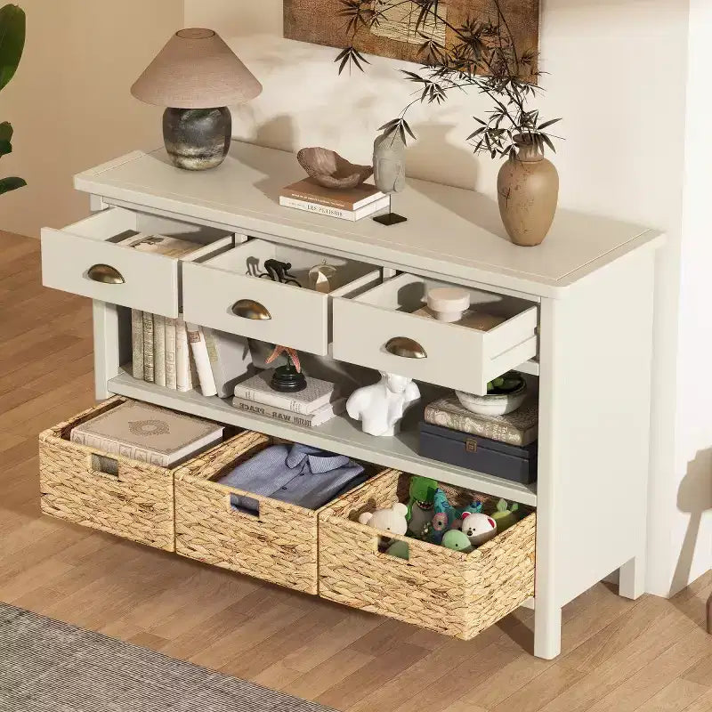 Tavolo consolle da ingresso con contenitore, tavolo da corridoio stile rustico con 3 cassetti e 3 cesti in giacinto d’acqua per soggiorno o ingresso - Panipeachy