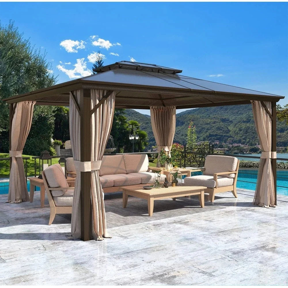 Gazebo EROMMY con tetto rigido, pergola da esterno con doppio tetto, rete e tende, copertura robusta per patio, giardino e feste in piscina