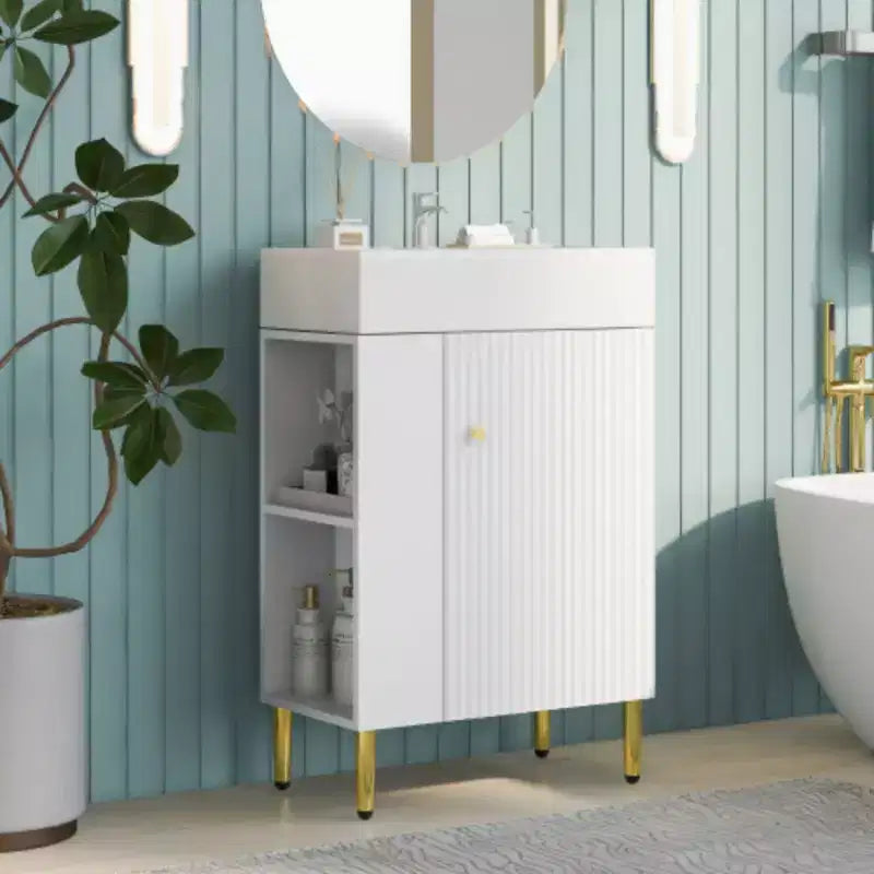 Meuble-lavabo de salle de bain blanc de 21.6, meuble combiné, meuble de rangement de salle de bain, vasque simple en céramique, rangement à gauche