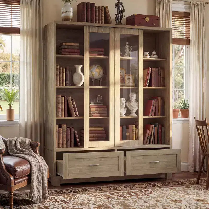 Famapy vitrinekast met licht eikenhoutnerf: 63W, schuifdeuren van glas en ladeopbergruimte, ruime opberger voor thuisbibliotheken en woonkamers