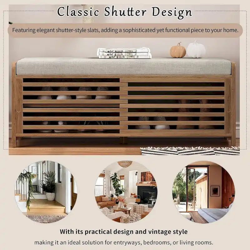 Banc de rangement en bois massif de 43.30 pouces avec persiennes vieillies contemporaines