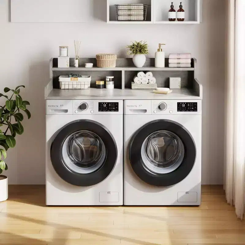 Piano in legno per lavatrice e asciugatrice, piano di lavoro per lavanderia da 54 con ripiano contenitore a 2 livelli, superficie antiscivolo con sponde per organizzare la lavanderia