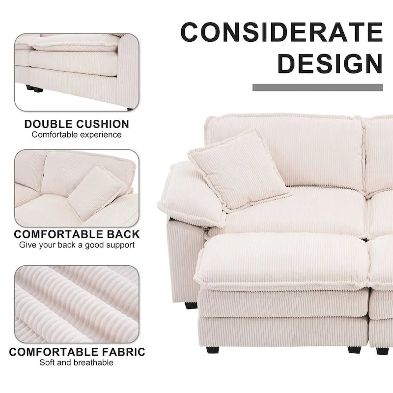 Modernes 2-Sitzer-Cordsofa mit 4 Stützkissen und 2 Hockern