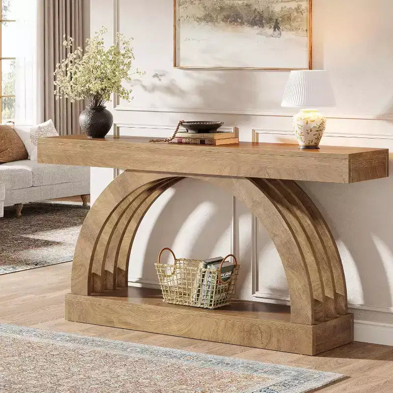 Lantine haltafel van 63 inch, banktafel met 2 niveaus voor achter de bank, smalle unieke console in boerderijstijl met boog voor de hal, woonkamer en entree, naturel
