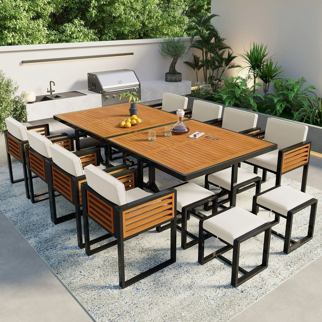 Eetset voor op het terras van acaciahout, 18-delig, met 8 stoelen met kussens, 8 ottomanen en 2 vierkante tafels