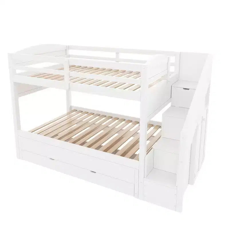 Struttura letto a castello singolo Whisen XL con letto estraibile, letto a castello con contenitore, legno massello, scala contenitore, armadio, 3 cassetti, per bambini