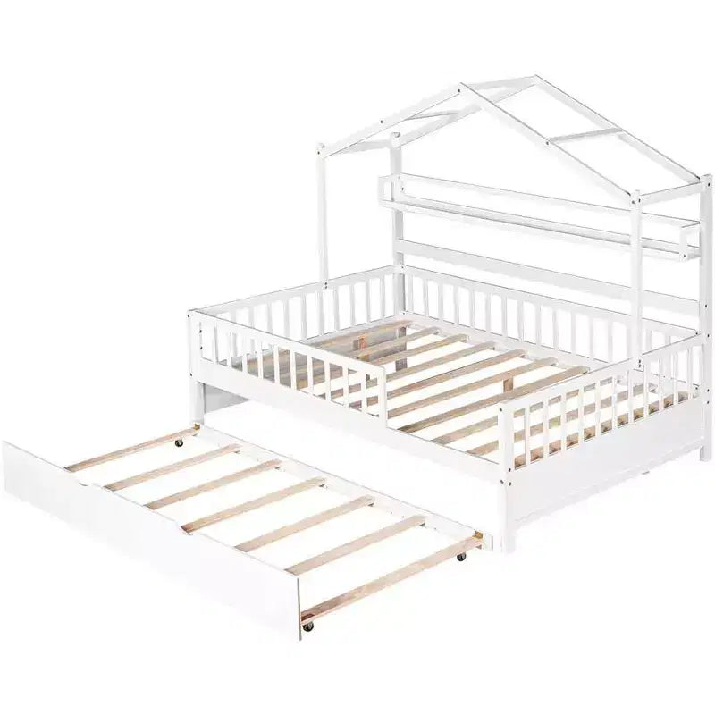 Acekool Hausbettgestell in Doppelbettgröße mit ausziehbarem Einzelbett, Schubladen und Ablagen, Dach und Zaun, Kinder-Platformbett, weiß